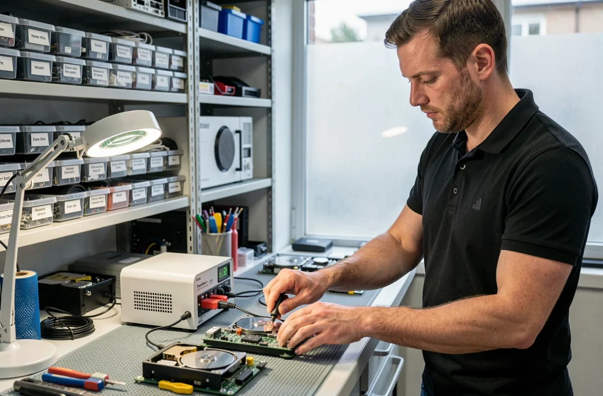Technicien effectuant une récupération de données sur un disque dur dans un atelier de réparation informatique
