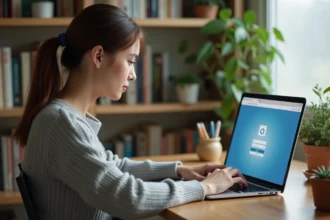 Femme accédant à son webmail académique depuis son bureau à domicile sur un ordinateur portable