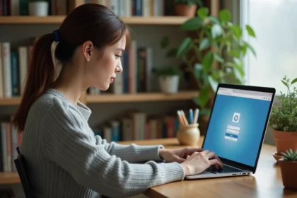Femme accédant à son webmail académique depuis son bureau à domicile sur un ordinateur portable
