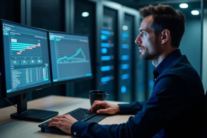 Administrateur Citrix gérant la migration de Personal vDisk sur un poste de travail double écran en salle des opérations