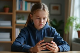 Adolescente consultant l'application ENT77 sur son smartphone pour récupérer son mot de passe oublié