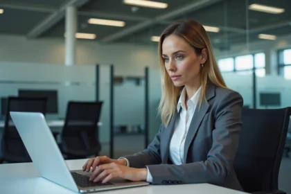 Femme en bureau interactant avec un portail gouvernemental