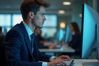 Jeune agent cybersécurité en costume dans un bureau moderne