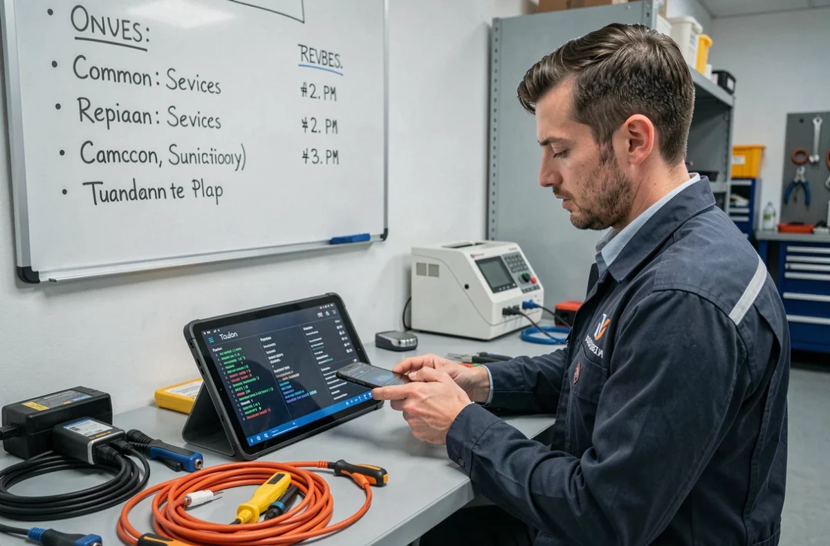 Technicien ALL RPAIR à Toulon effectuant un diagnostic complet sur un smartphone connecté à une tablette d'analyse professionnelle