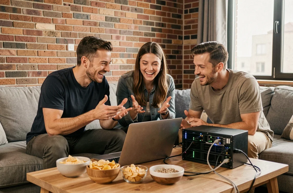 Groupe d'amis testant ensemble un serveur de jeu privé dans un appartement