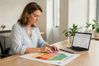 Femme professionnelle analysant une pyramide des âges imprimée à côté d'un tableur Excel ouvert sur un ordinateur portable dans un bureau moderne