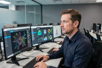 Analyste en cybersécurité surveillant un tableau de bord zero trust dans un centre des opérations de sécurité moderne