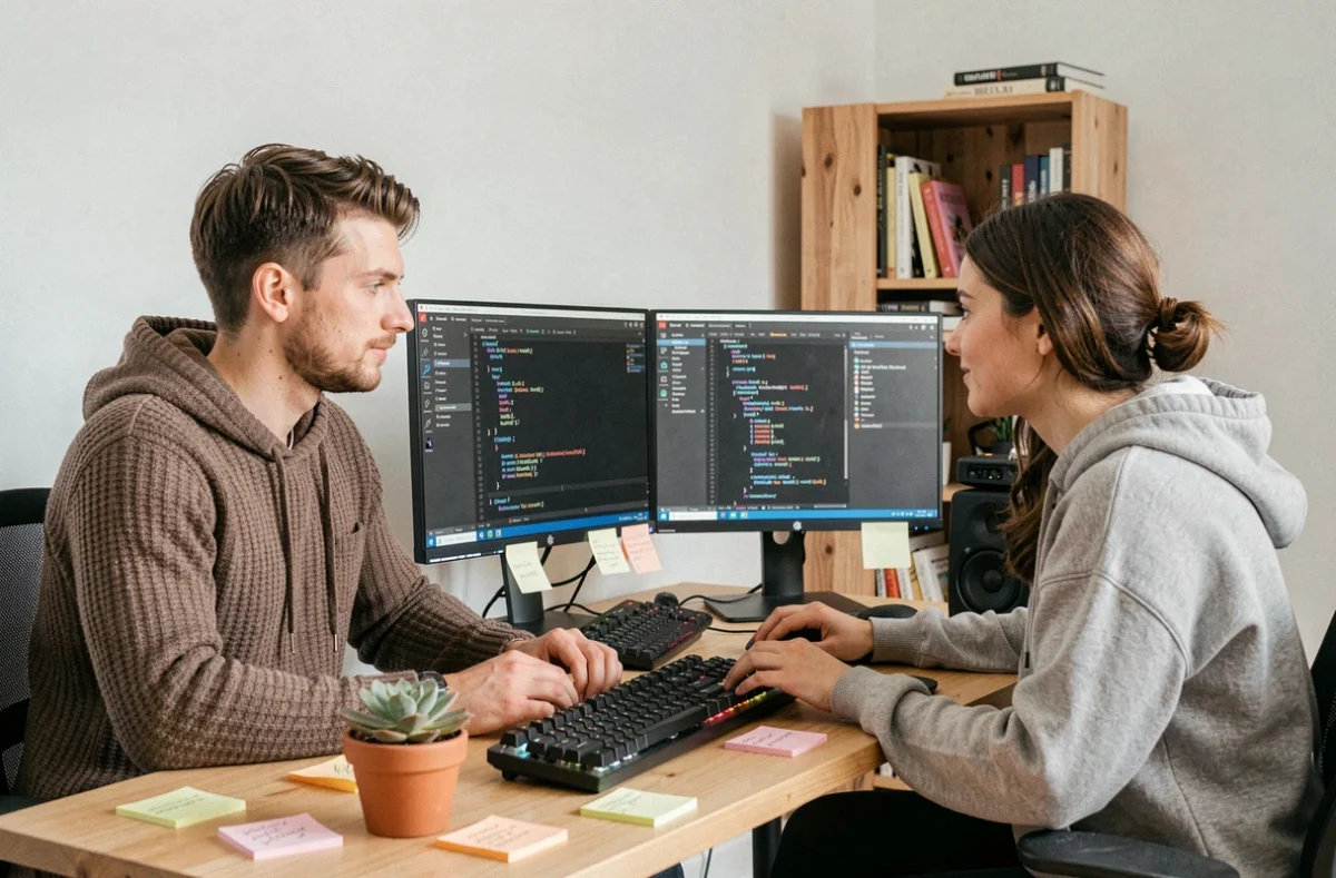 Duo de développeurs freelance travaillant sur des projets React et Next.js dans un espace de travail à domicile en Normandie