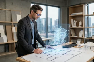 Architecte analysant une visualisation 3D de bâtiment générée par Neural Radiance Fields dans un studio moderne