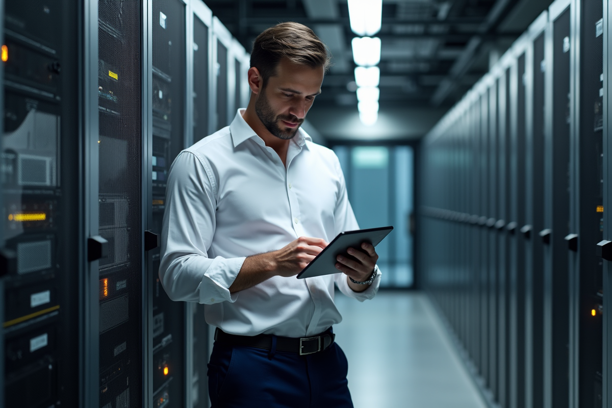 Auditeur informatique vérifiant des données dans une salle serveurs