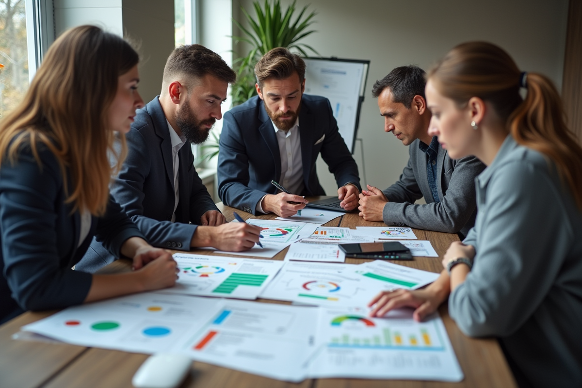 Groupe de professionnels collaborant autour de wireframes et graphiques SEO