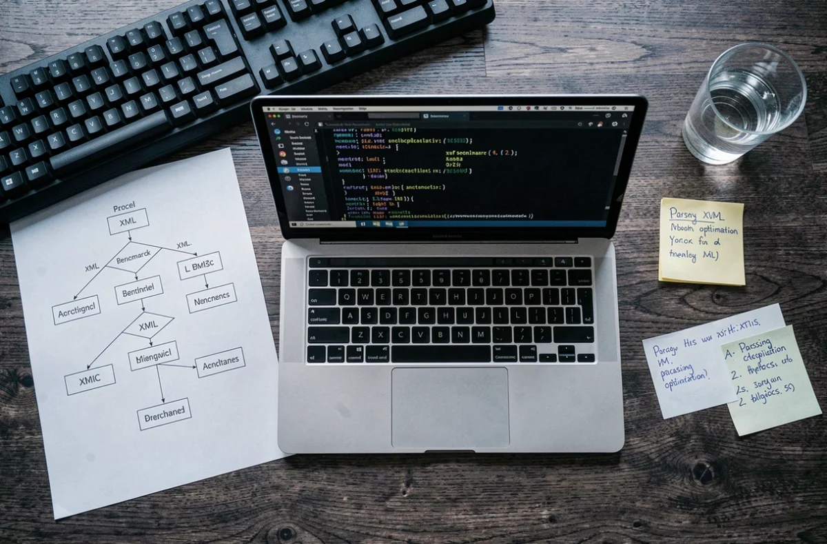Vue aérienne d'un bureau développeur avec laptop affichant des benchmarks Python XML et diagrammes de structure de données