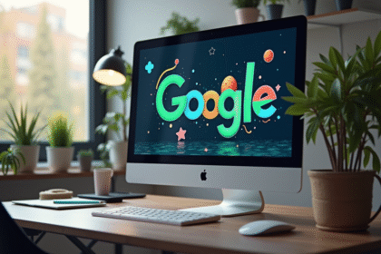 Bureau moderne avec écran affichant un jeu Google Doodle coloré