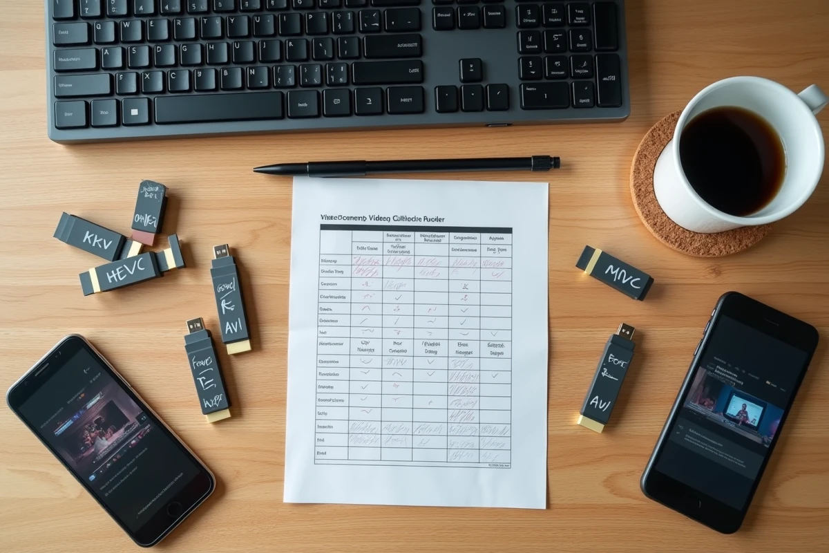 Vue de dessus d'un bureau de production média avec clés USB étiquetées par format vidéo fiche technique de codecs et smartphone affichant un écran d'exportation vidéo vers MP4