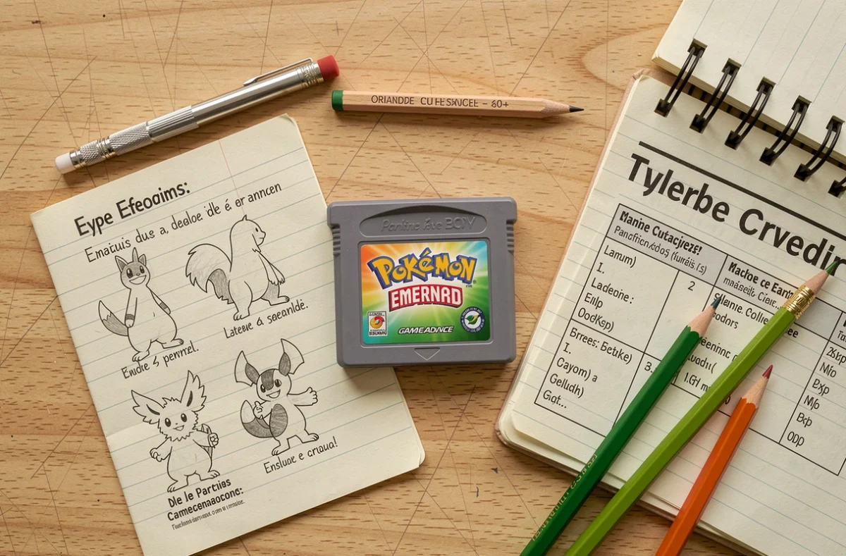 Vue à plat de la cartouche Pokémon Émeraude entourée de notes manuscrites sur les starters et d'une feuille de faiblesses de types sur une table en bois clair