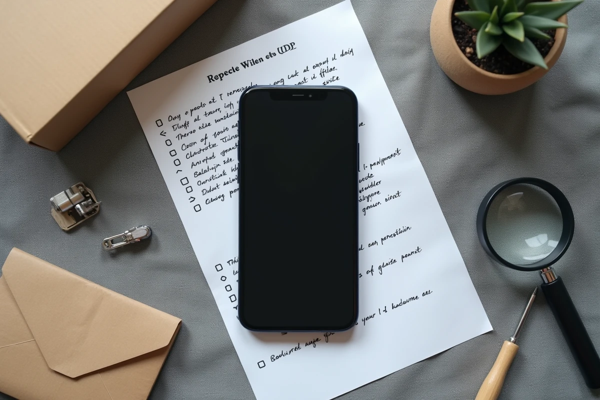 Vue à plat d'un iPhone 13 mini reconditionné avec une checklist de vérification et des outils d'inspection