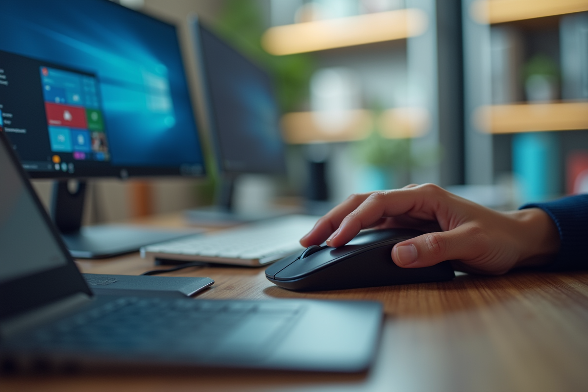 Main utilisant une souris sans fil sur un bureau avec menu Windows ouvert