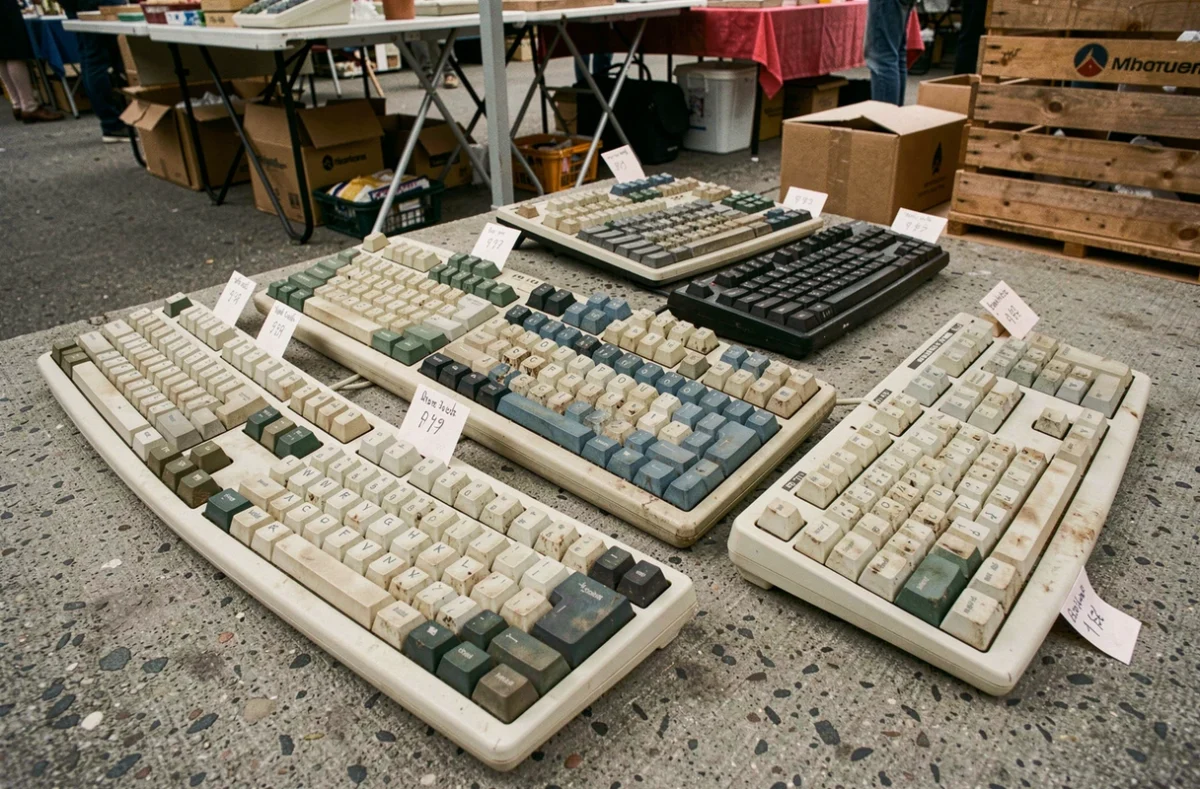 Collection de claviers QWERTY d'occasion avec étiquettes de prix sur un étal de marché aux puces
