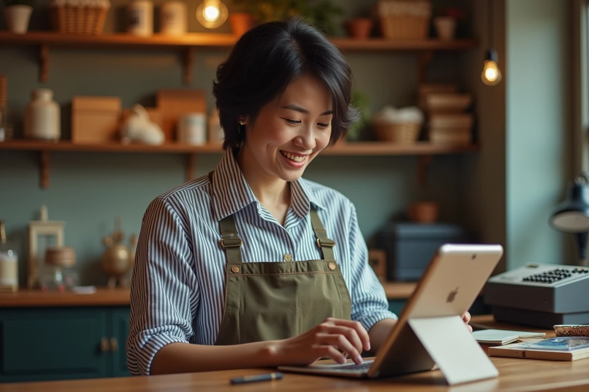 Propriétaire de boutique consultant les réponses automatiques WhatsApp Business sur tablette