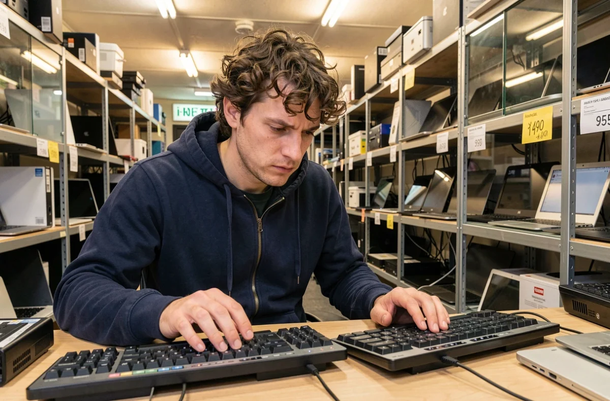 Homme comparant deux claviers QWERTY d'occasion dans une boutique de matériel informatique reconditionné