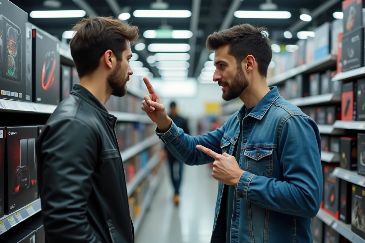 Deux hommes comparant une console Xbox next-gen et un PC gaming dans un magasin d'électronique grand public