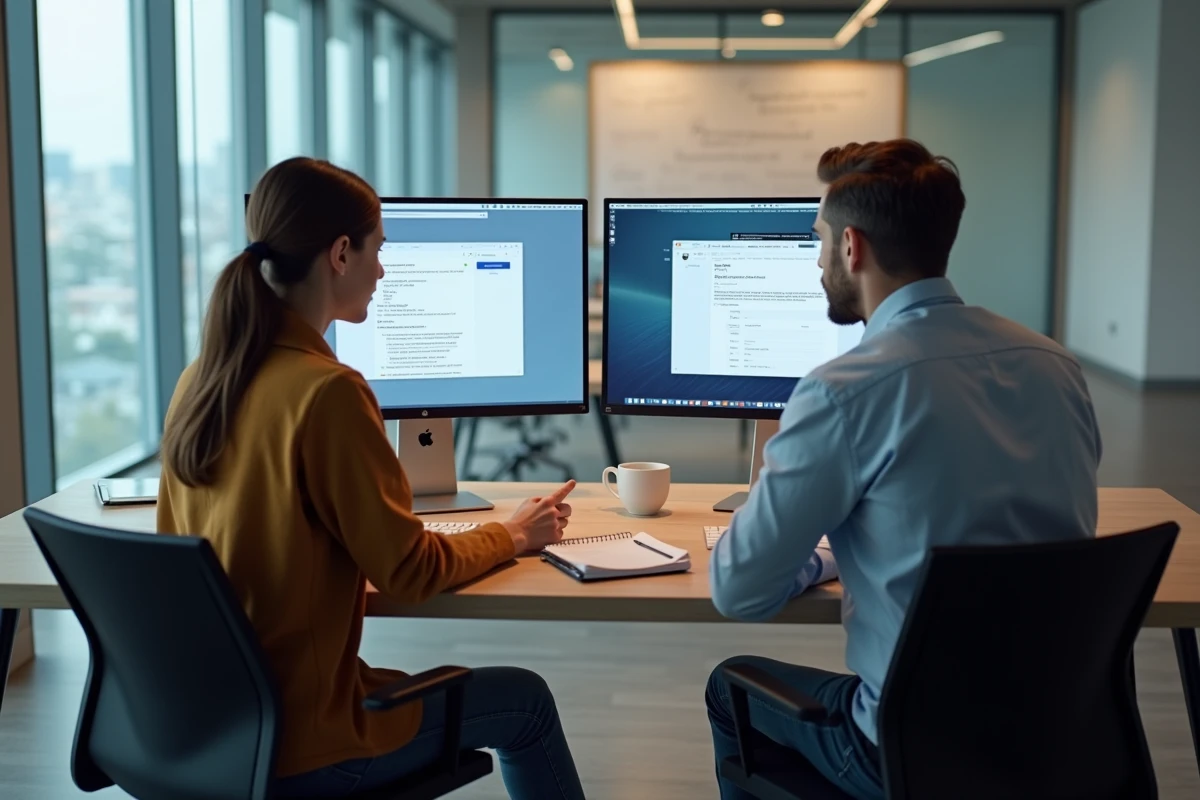 Deux collègues comparant des interfaces de messagerie professionnelle sur des écrans doubles dans une salle de réunion