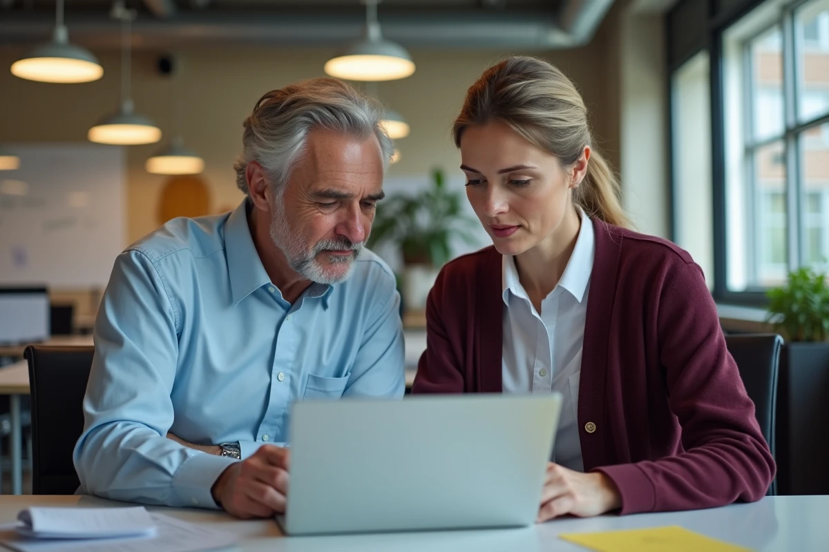 Deux collègues de l'éducation nationale comparant l'utilisation du webmail Ac Grenoble et d'un client de messagerie local dans un bureau administratif scolaire