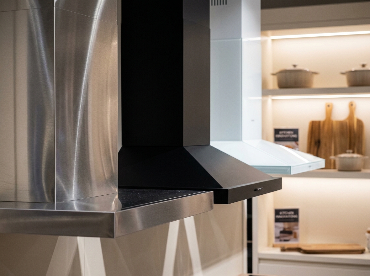 Comparaison de trois modèles de hottes aspirantes dans un showroom d'électroménager