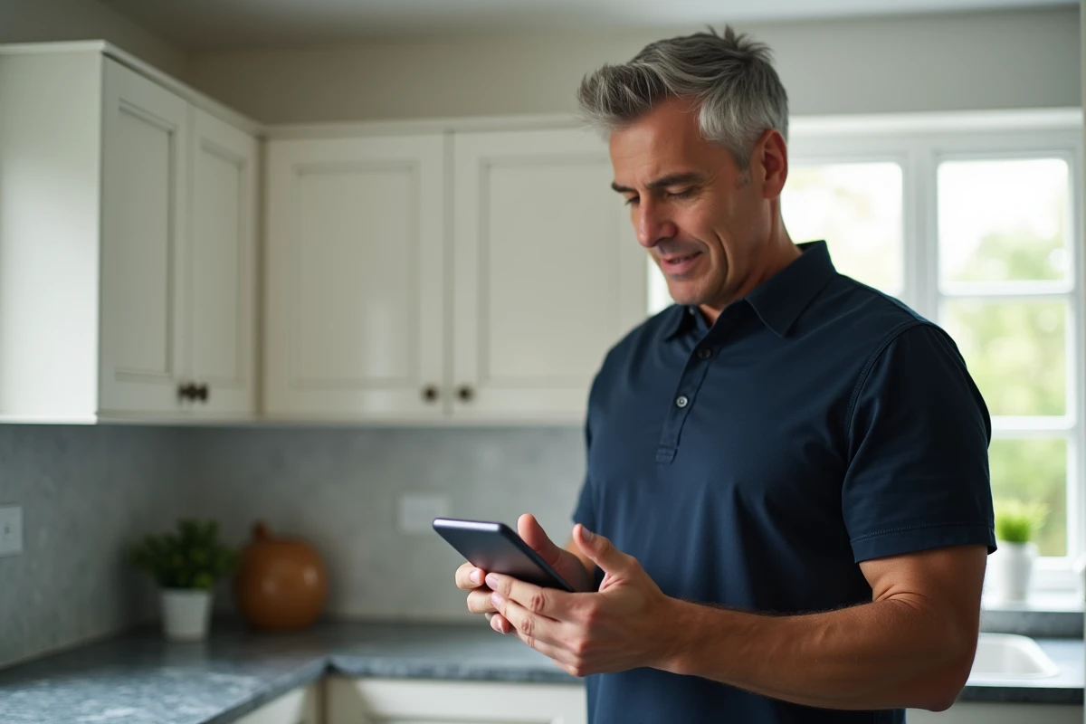 Homme configurant son compte email Orange sur un smartphone Android dans une cuisine moderne
