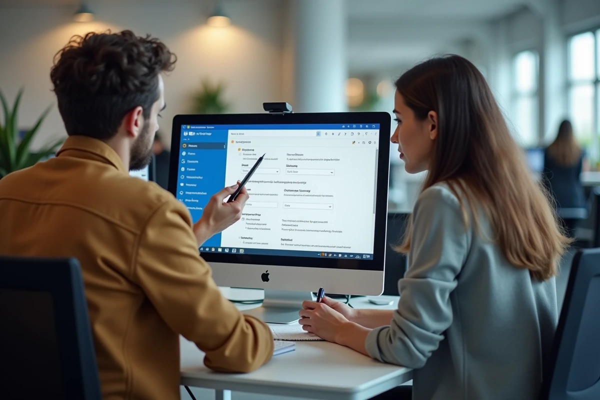 Deux collègues configurant les paramètres IMAP SMTP de la messagerie Orange sur Outlook en open space