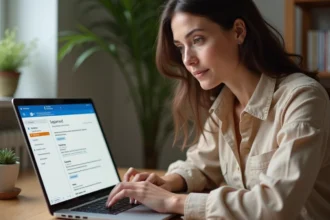 Femme configurant sa messagerie Portail Orange sur Outlook depuis un bureau à domicile