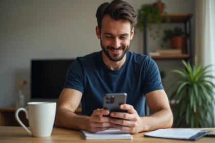Homme configurant un Samsung Galaxy S24 FE à son bureau à domicile le premier jour d'utilisation