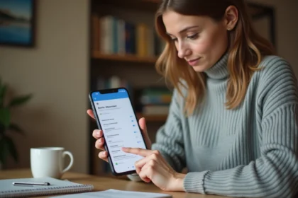 Femme configurant sa messagerie Webmail 44 sur un smartphone Android depuis un bureau à domicile