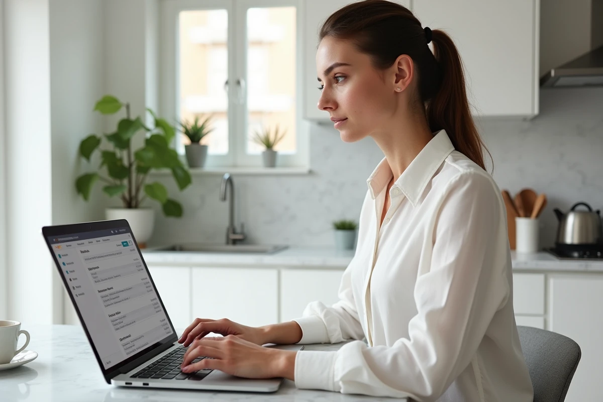 Jeune femme configurant un compte webmail Ozone dans Apple Mail sur un MacBook dans une cuisine moderne
