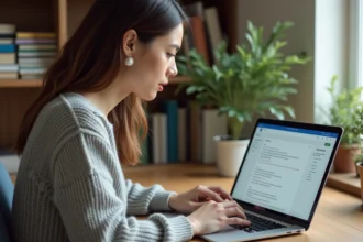 Femme configurant un compte webmail Ozone dans Outlook sur un ordinateur portable dans un bureau à domicile