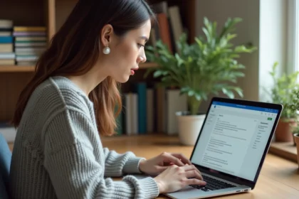 Femme configurant un compte webmail Ozone dans Outlook sur un ordinateur portable dans un bureau à domicile