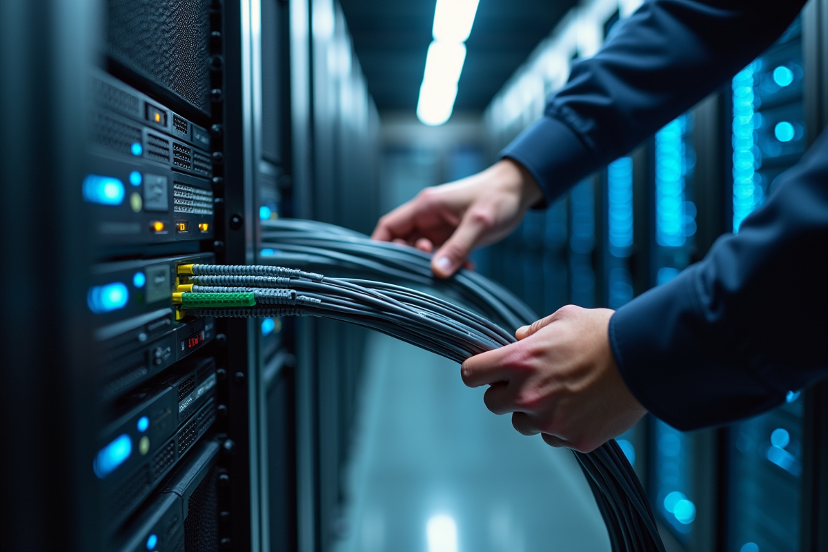 Mains connectant des câbles réseau à un serveur dans un centre sécurisé