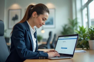 Femme professionnelle connectée à une interface webmail sur son ordinateur portable dans un bureau moderne
