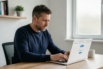 Homme frustré devant une page de connexion webmail Free affichant une erreur sur son ordinateur portable