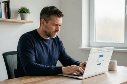 Homme frustré devant une page de connexion webmail Free affichant une erreur sur son ordinateur portable