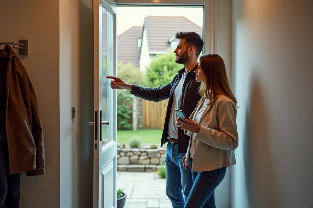 Couple examinant le point de raccordement fibre SFR dans l'entrée de leur maison individuelle