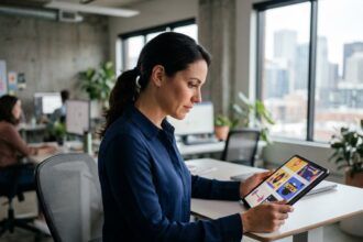 Créatrice de contenu analysant des animations de motion design pour une campagne de social ads sur tablette dans une agence moderne