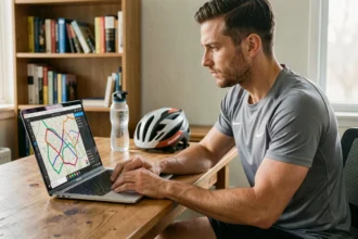 Cycliste analysant des segments GPS fusionnés sur un ordinateur portable pour optimiser ses tracés Strava
