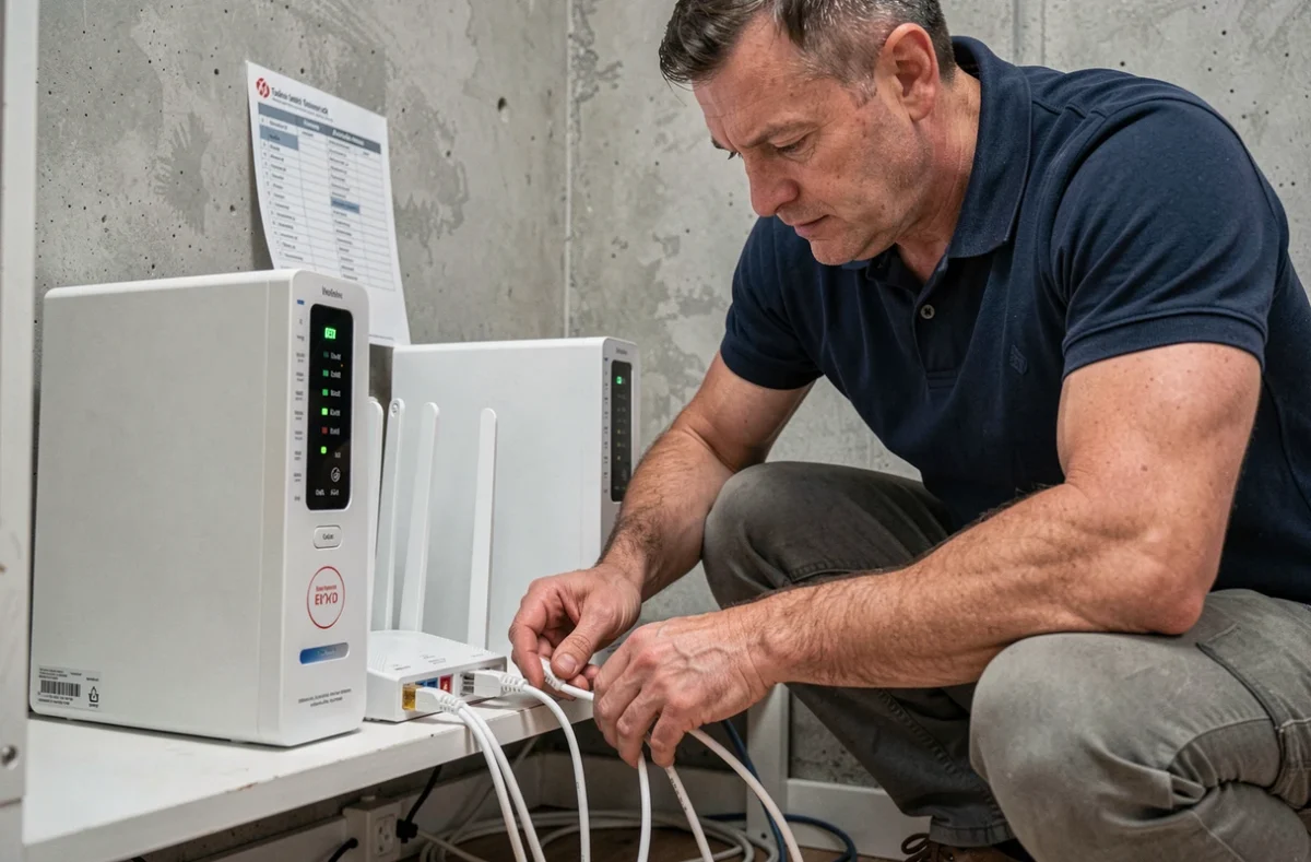 Homme redémarrant son routeur et branchant un câble ethernet pour résoudre une erreur de connexion Dopriv à domicile