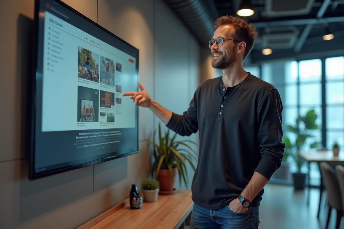 Homme web designer explique un site dans un espace moderne