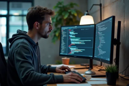 Développeur web frustré face à un code CSS avec un positionnement absolu qui casse la mise en page responsive sur double écran