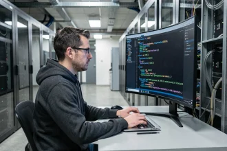 Développeur Python analysant du code XML de parsing sur un écran ultrawide dans un couloir de salle serveur