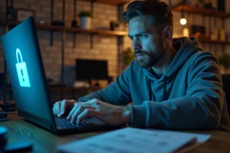 Homme diagnostiquant une ISO Windows 7 corrompue sur son ordinateur portable dans un bureau à domicile