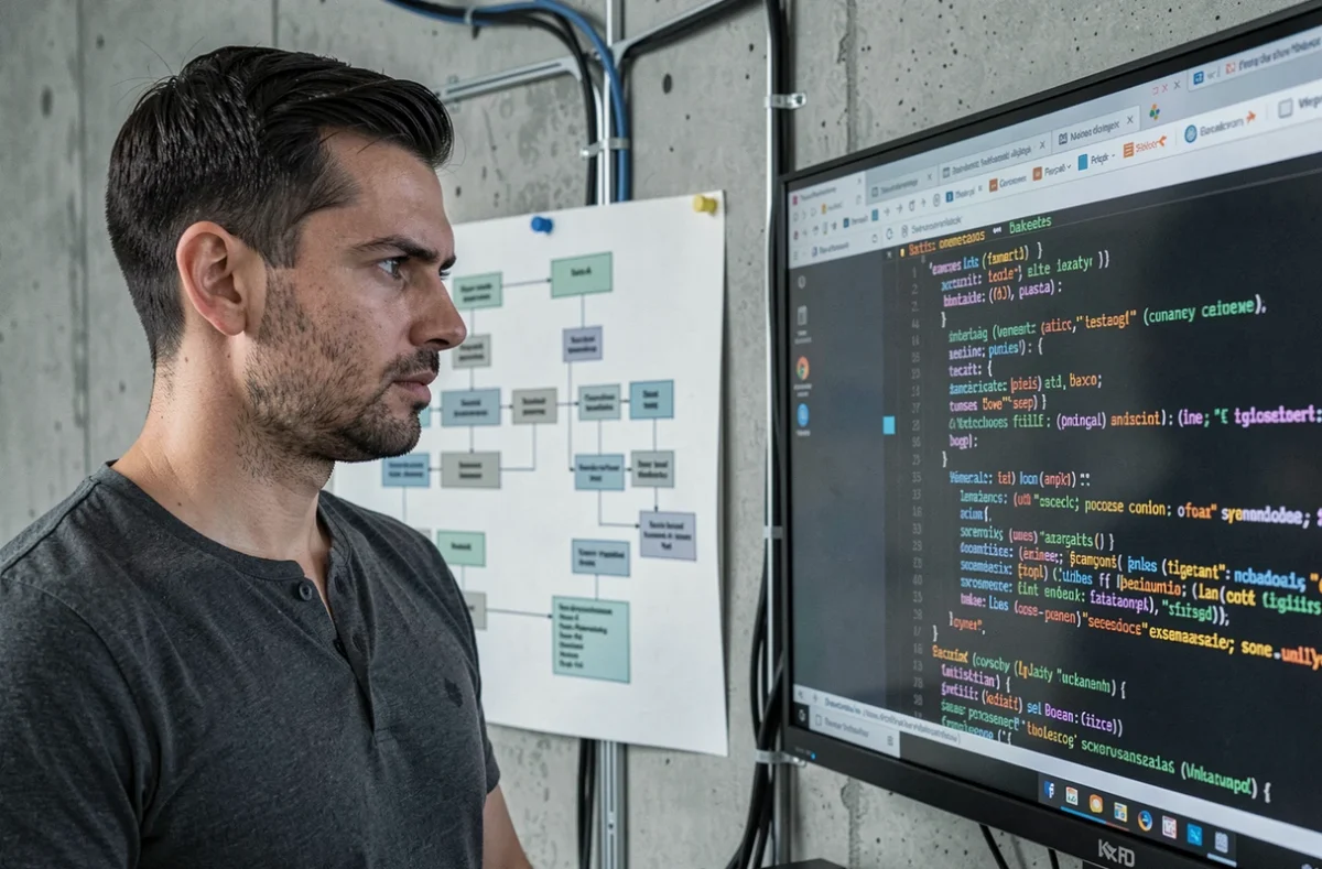 Développeur web concentré sur un projet de développement sur-mesure avec du code backend complexe et des schémas de base de données