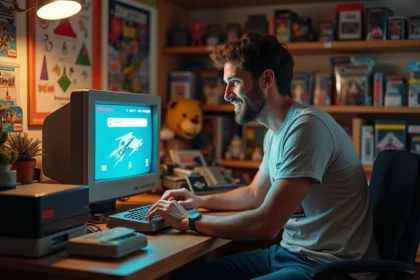 Homme geek des années 90 devant un écran CRT tapant 'do a barrel roll' sur un bureau rétro gaming avec cartouches SNES et figurines